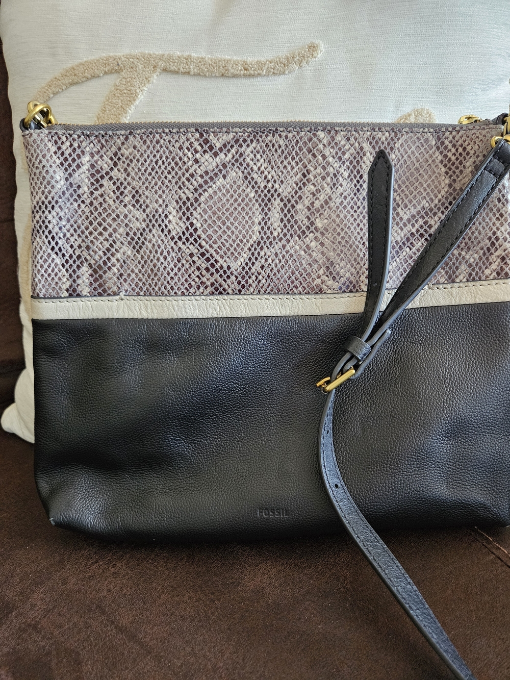 Fossil Black & Taupe Snake-Print Leather Crossbody Bag